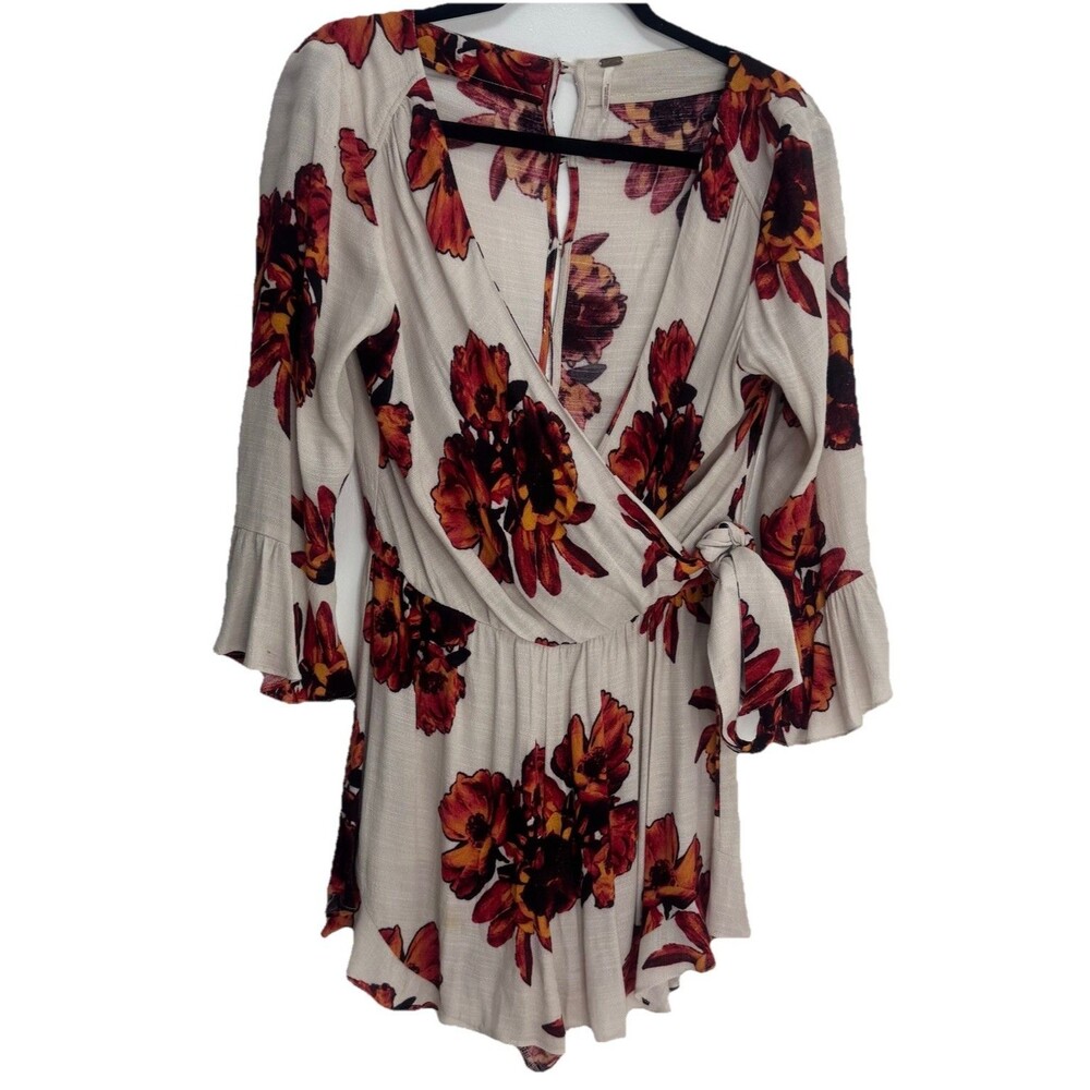 Free People Romper Floral Long Sleeve One Piece Shorts Wrap Belt S